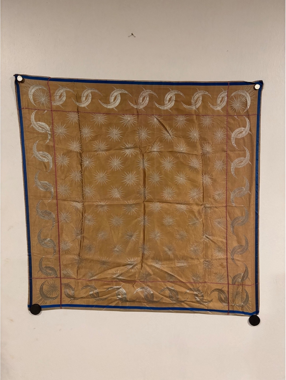 Vintage Celestial Silk Scarf with Moon and Star Motif